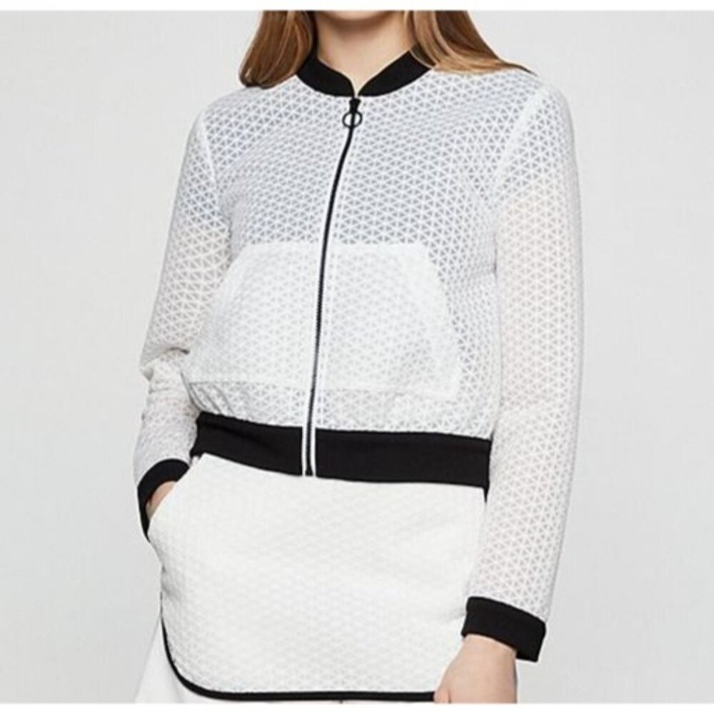 BCBGeneration Womens Optic White Mesh Cropped Bomber Jacket Size Small New $128